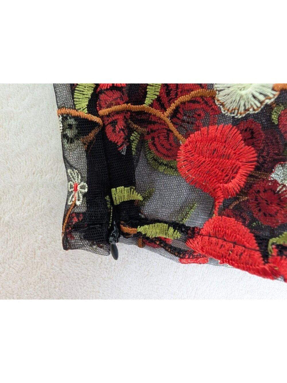 Embroidered Sheer Black Mesh Crop Top With Red Rose Design & Bell Sleeves By Hau - Picture 11 of 13